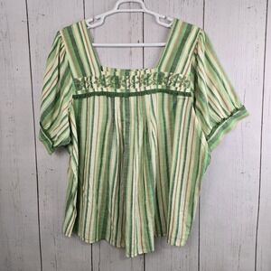 Venezia Blouse Women 26/28 Green Striped Embroidered Square Neck Cotton Boho